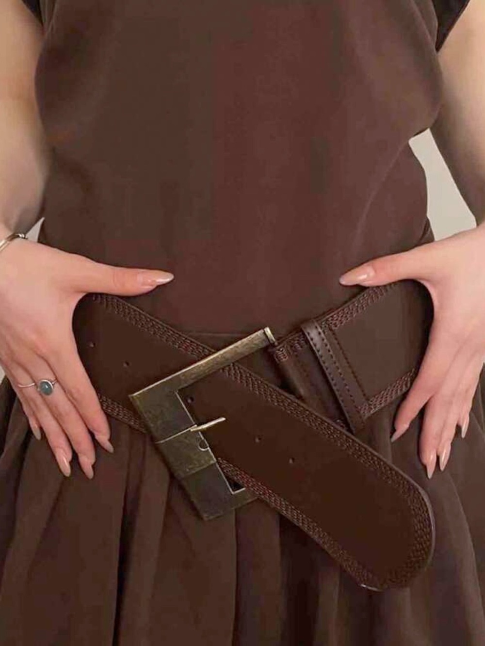 Wide Brown Leather Waist Belt with Metal Buckle
